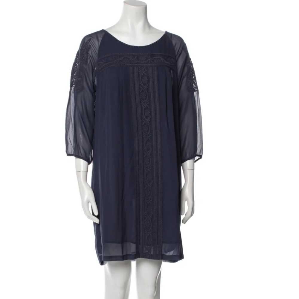 Joie Size S Blue Long Sleeve Embroidered Silk Shift Dress